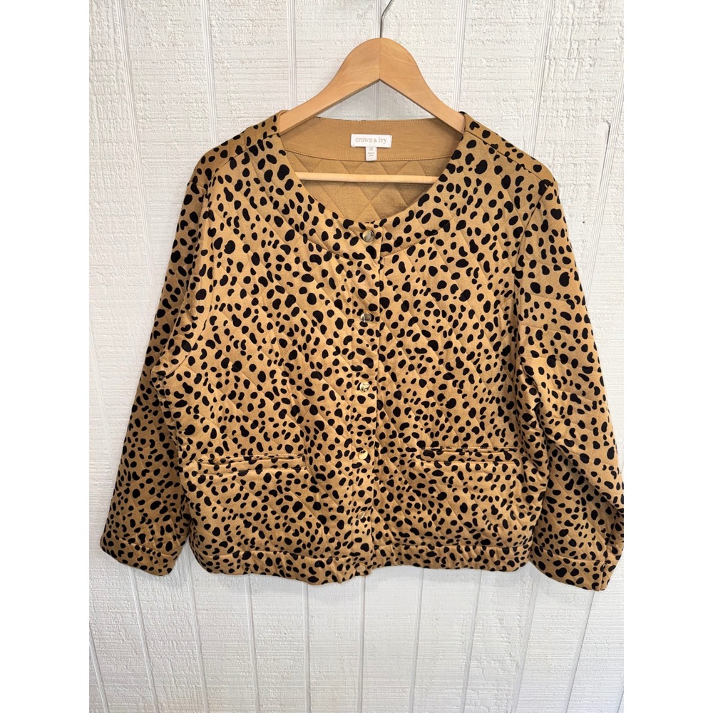 Crown & Ivy Quilted Jacket Women Tan Leopard Print Snap Front 2X